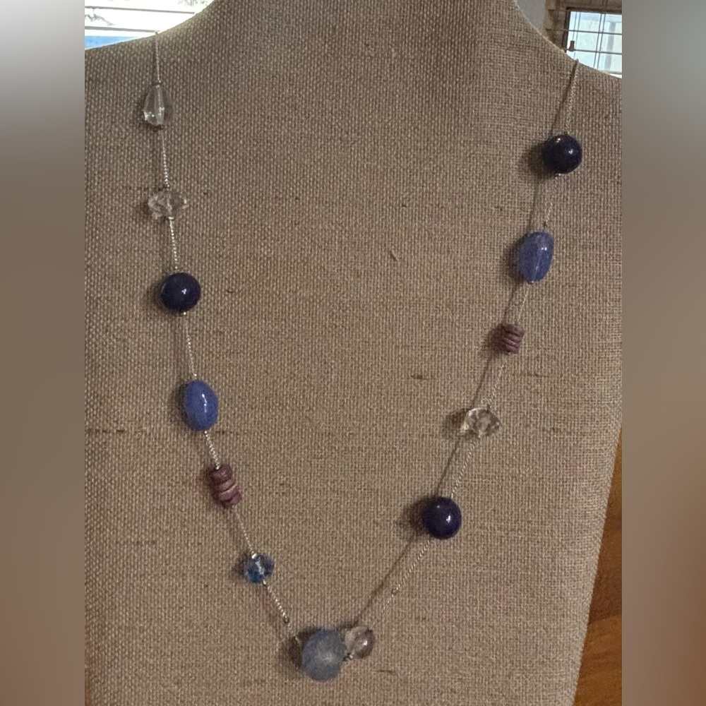Long Blue Beaded Necklace 36”